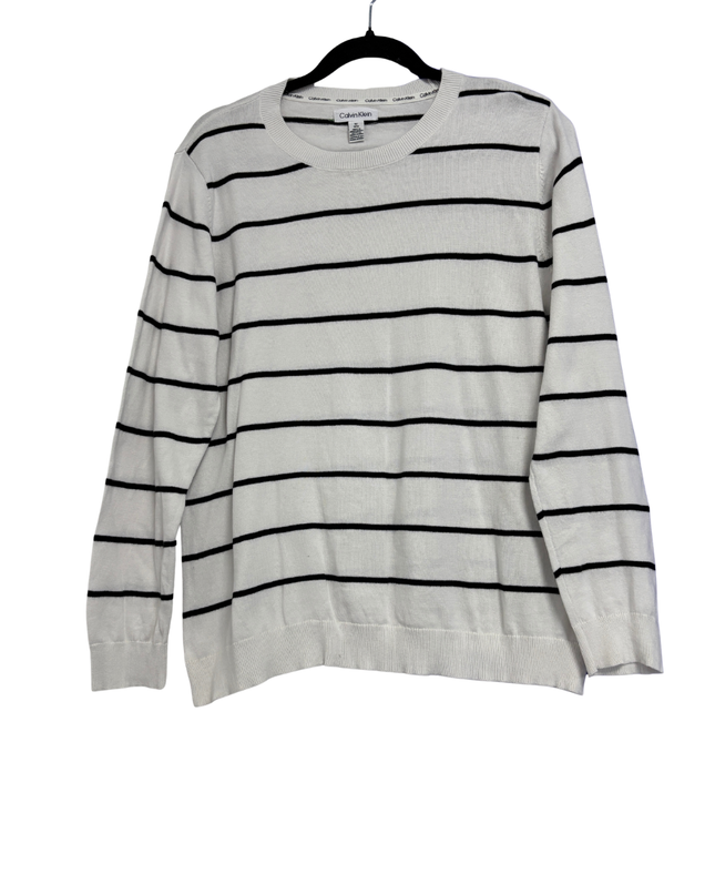 Calvin Klein White and Black Striped Crewneck Sweater