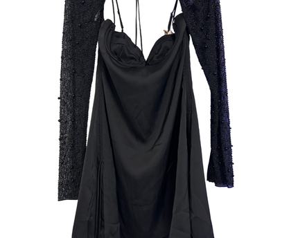 Oh Polly Black Satin Bustier Mini Dress with Beaded Mesh Shrug