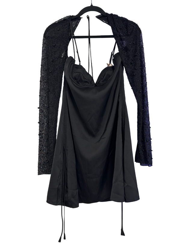 Oh Polly Black Satin Bustier Mini Dress with Beaded Mesh Shrug