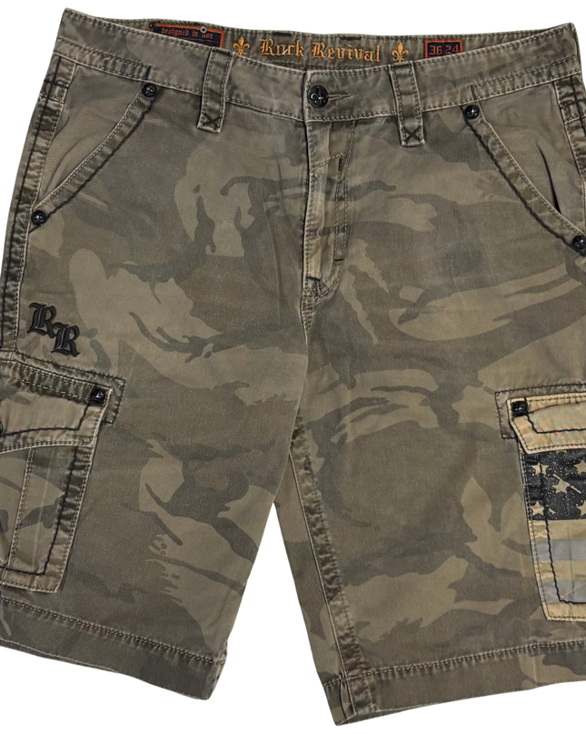Rock Revival Men's Camo Cargo Shorts with Fleur-de-lis Accents