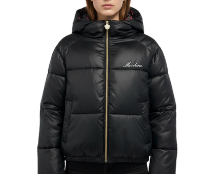Moschino Black Hooded Puffer Jacket with Teddy Bear Print Lining
