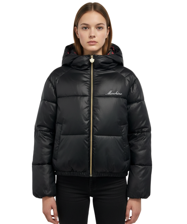 Moschino Black Hooded Puffer Jacket with Teddy Bear Print Lining