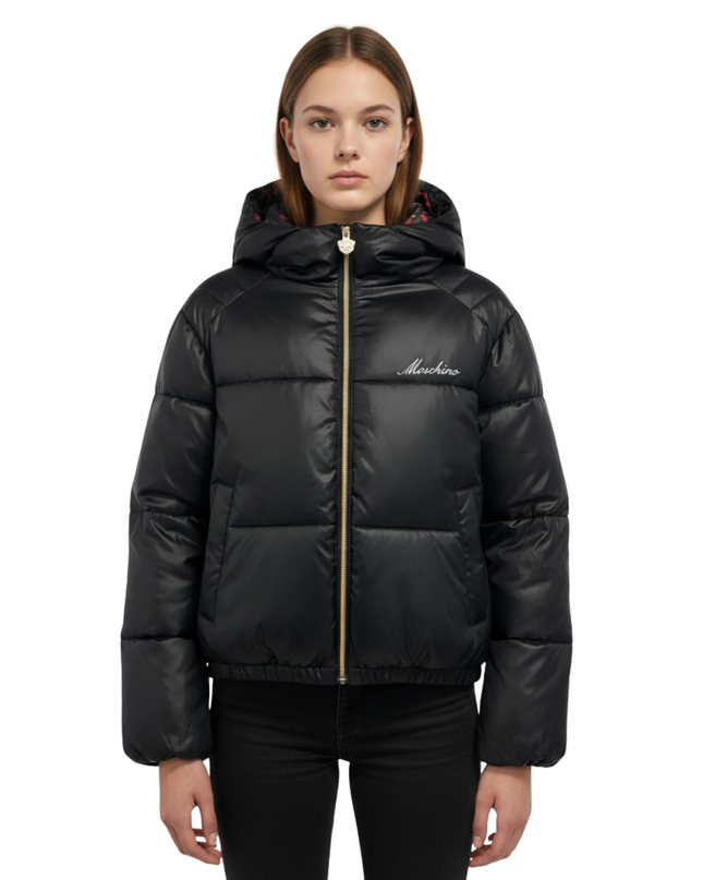 Moschino Black Hooded Puffer Jacket with Teddy Bear Print Lining