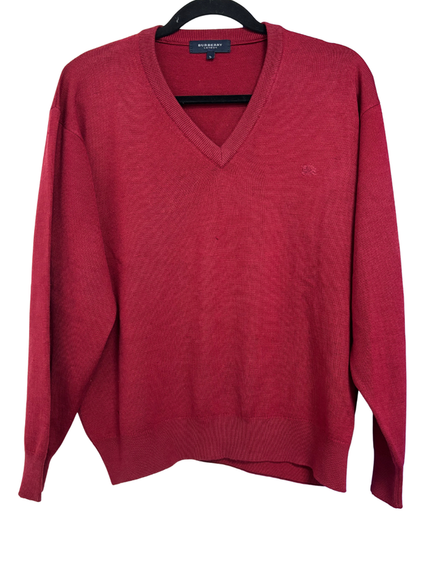Burberry London Red V-Neck Wool Knit Sweater