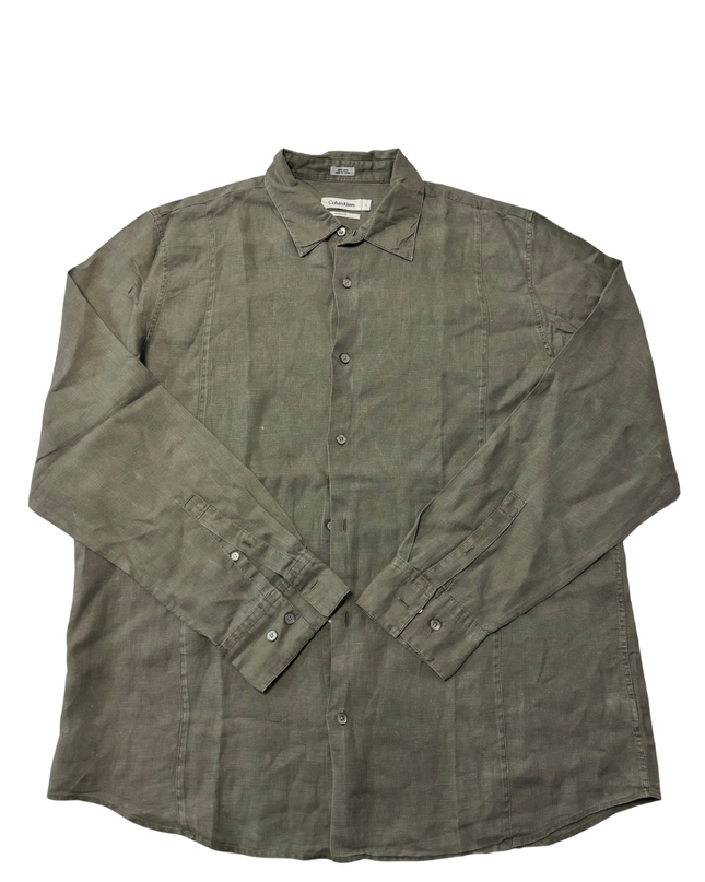Calvin Klein Olive Modern Fit 100% Linen Button-Down Shirt