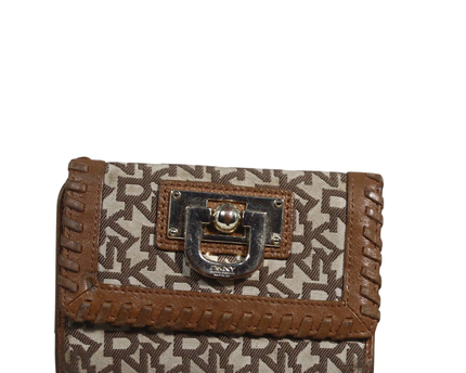DKNY Brown Monogram Jacquard Leather Whipstitch Wallet