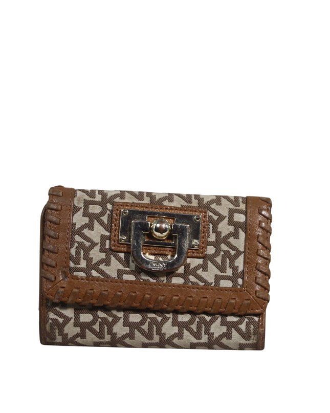 DKNY Brown Monogram Jacquard Leather Whipstitch Wallet