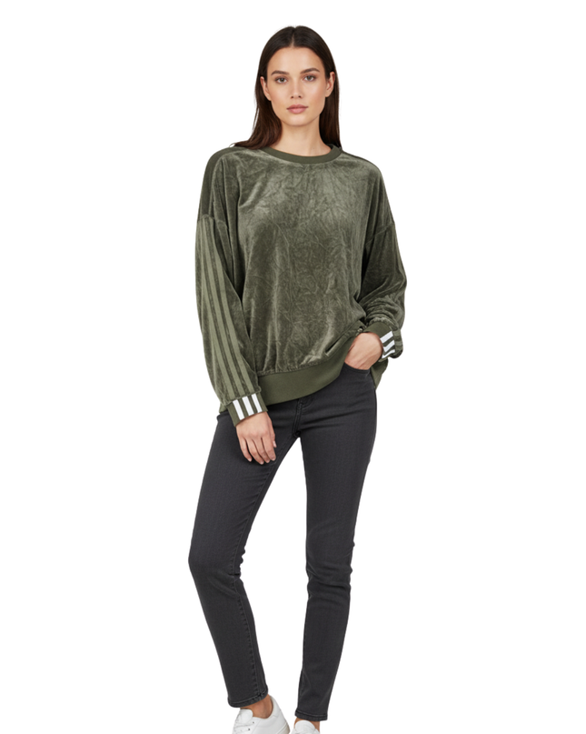 Adidas Olive Velour Three-Stripe Crewneck Sweatshirt W/Tags