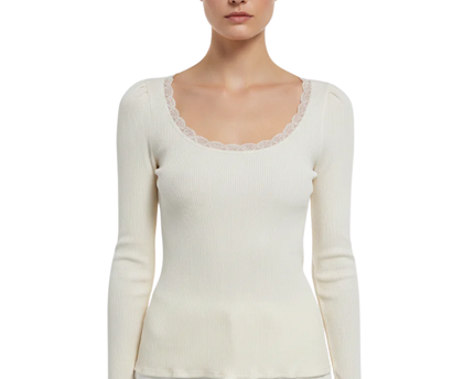 Topshop Cream Ribbed Long Sleeve Lace Trim Top