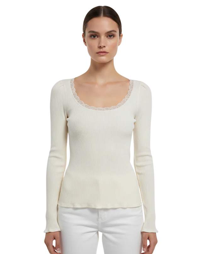 Topshop Cream Ribbed Long Sleeve Lace Trim Top