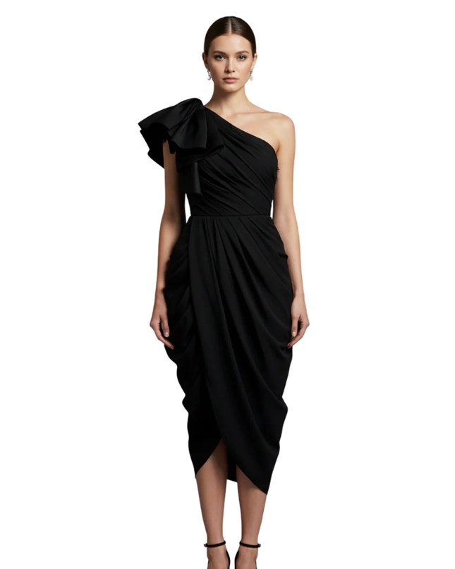 WHITE by VERA WANG Black One-Shoulder Ruffle Cocktail Dress