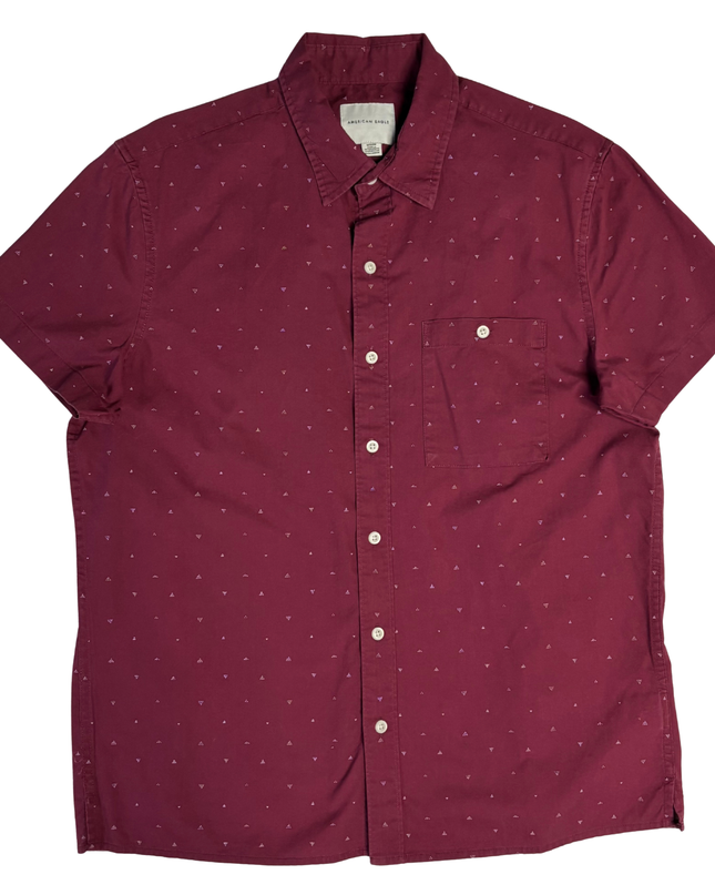 American Eagle Maroon Short Sleeve Geometric Print Button-Down Shirt