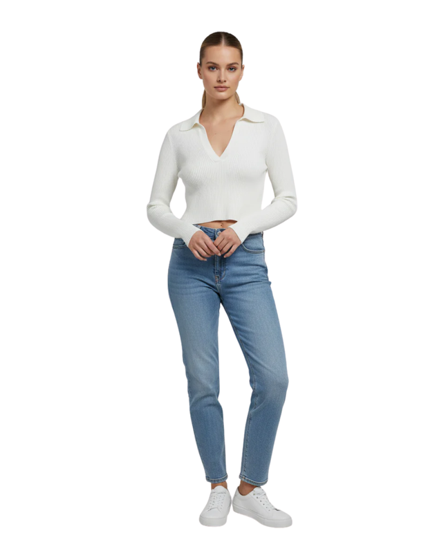PULL&BEAR White Ribbed Knit Long Sleeve Crop Top