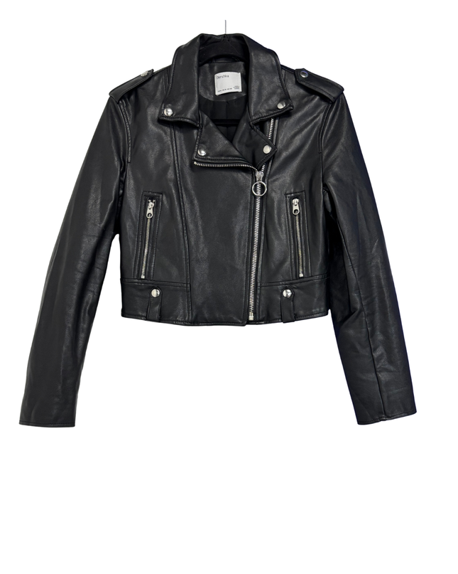 Bershka Black Faux Leather Cropped Biker Jacket