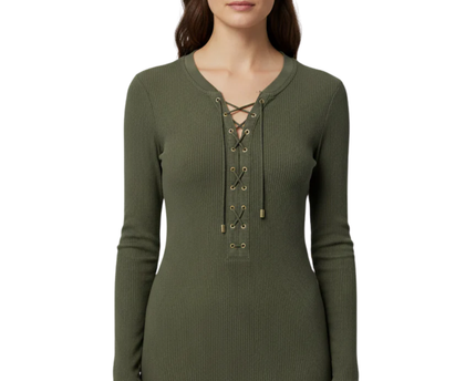 Lauren Ralph Lauren Olive Green Lace-Up Ribbed Long Sleeve Top