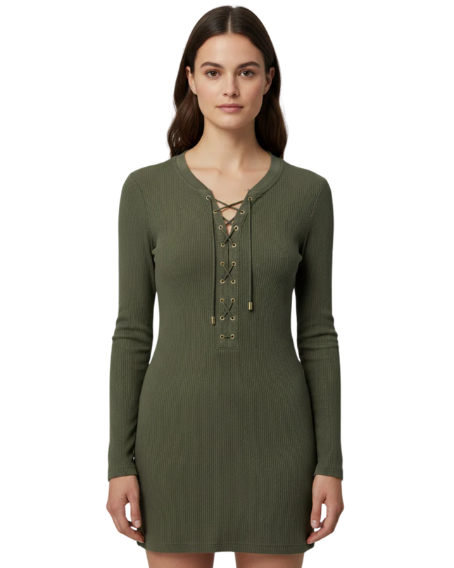 Lauren Ralph Lauren Olive Green Lace-Up Ribbed Long Sleeve Top