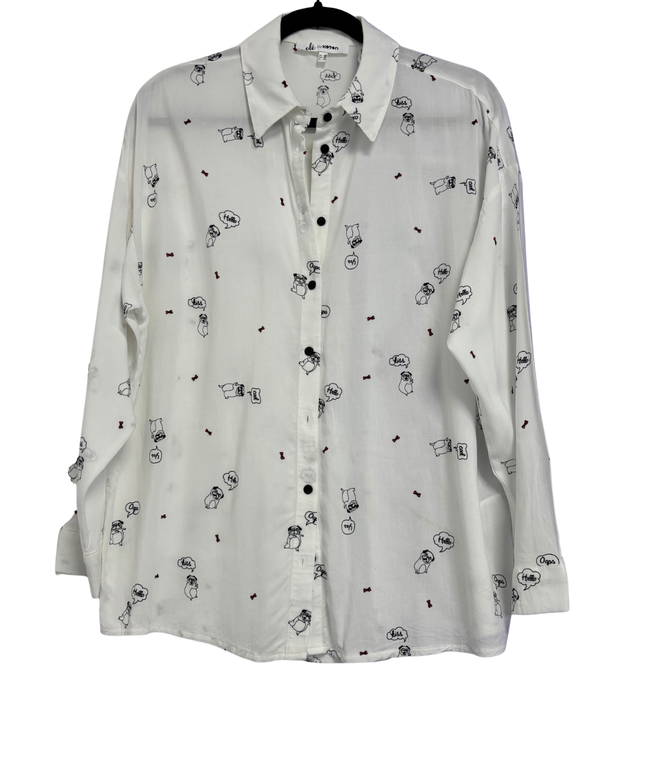 Olé by Koton White Pug Print Graphic Button-Down Shirt