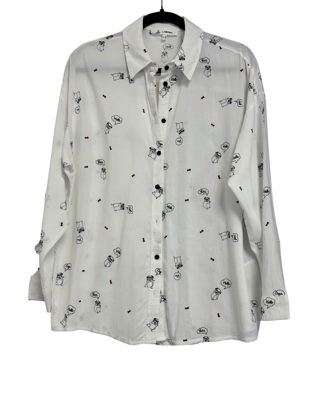 Olé by Koton White Pug Print Graphic Button-Down Shirt