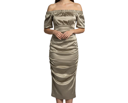 Nicole Miller Collection Champagne Ruched Off-The-Shoulder Dress