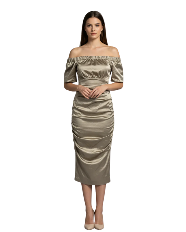 Nicole Miller Collection Champagne Ruched Off-The-Shoulder Dress