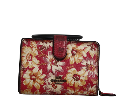 Coach Red Floral Print Medium Compact Wallet