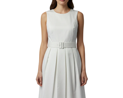 Nautica White Belted Pleated A-Line Dress