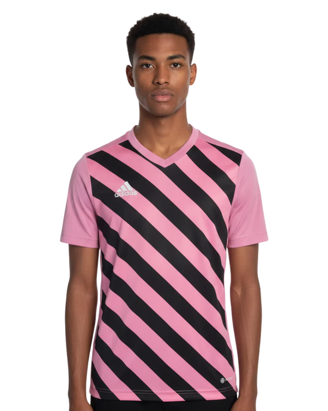 Adidas Pink Striped V-Neck Sports T-Shirt