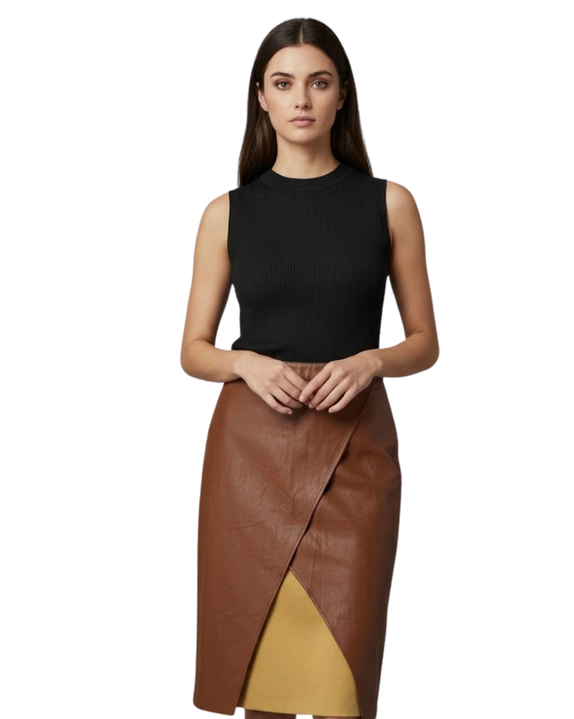NA-KD Brown Faux Leather Wrap Midi Skirt