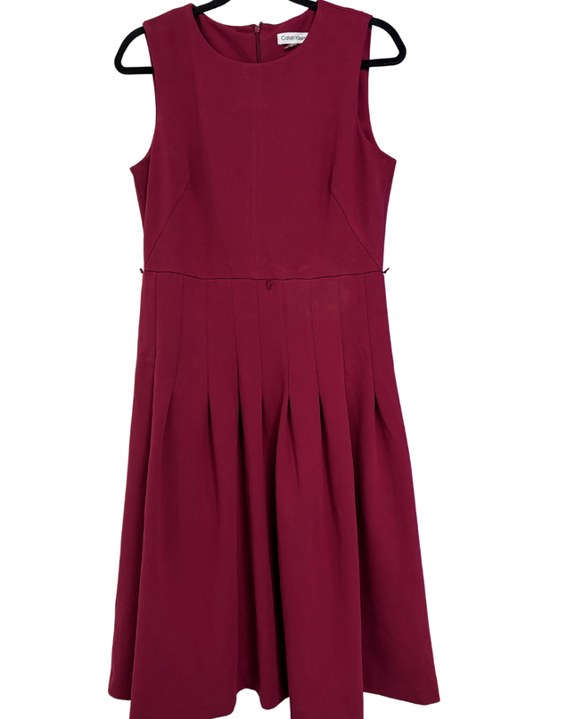 Calvin Klein Burgundy Sleeveless Pleated Fit and Flare Dress
