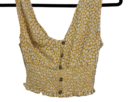 American Eagle Yellow Floral Smocked Button-Up Crop Top