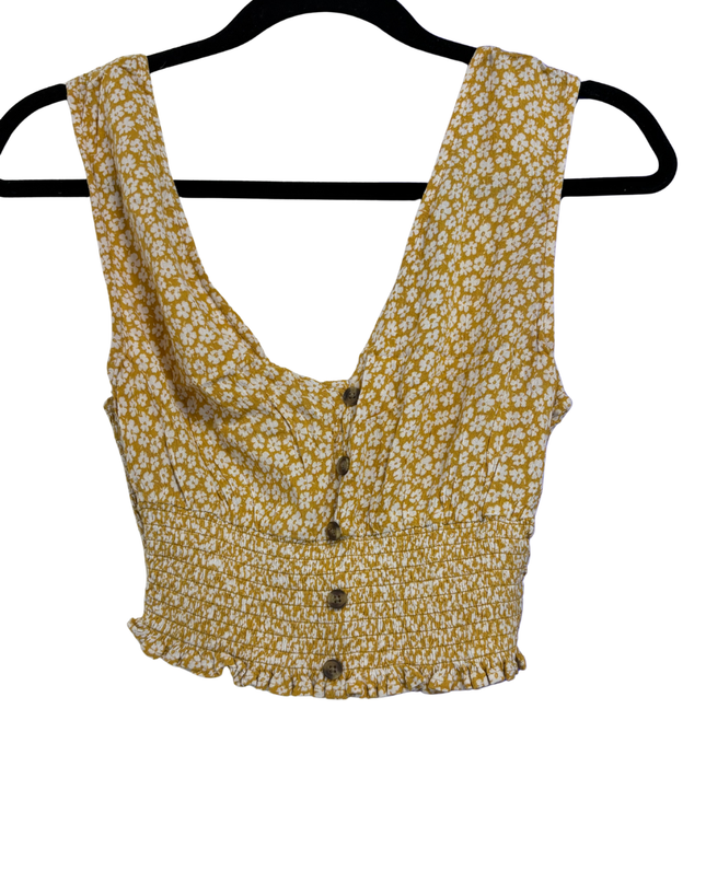 American Eagle Yellow Floral Smocked Button-Up Crop Top