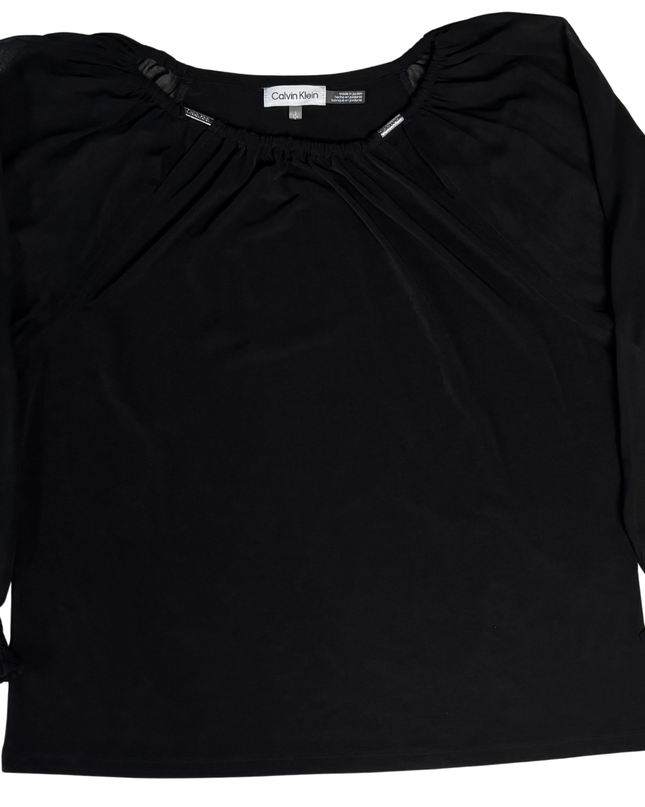 Calvin Klein Black Gathered Neckline Blouse with Sheer Sleeves