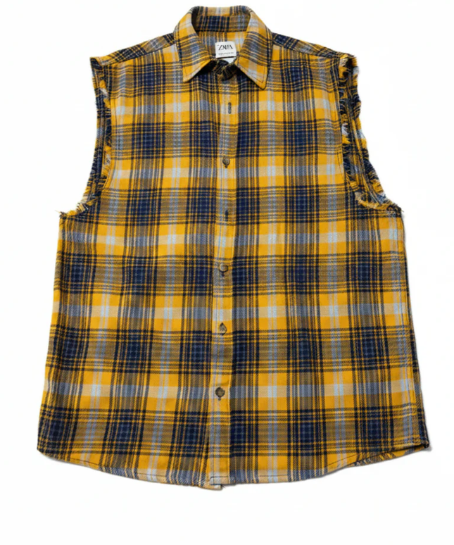 Zara Yellow Plaid Relaxed Fit Sleeveless Flannel Shirt