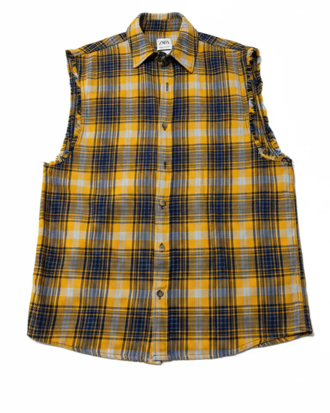 Zara Yellow Plaid Relaxed Fit Sleeveless Flannel Shirt