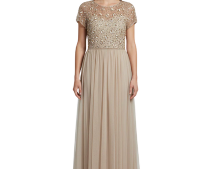 Adrianna Papell Beige Beaded Mesh Evening Gown W/Tags