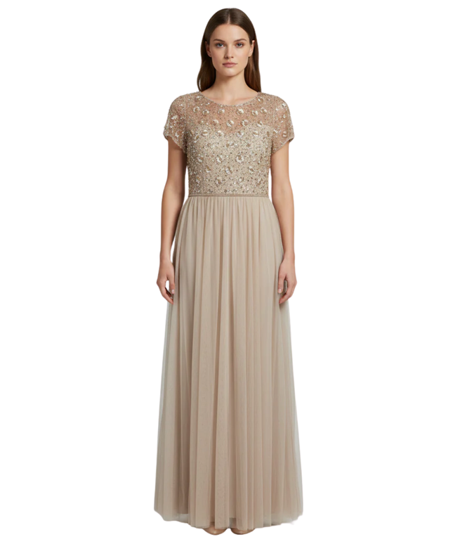 Adrianna Papell Beige Beaded Mesh Evening Gown W/Tags