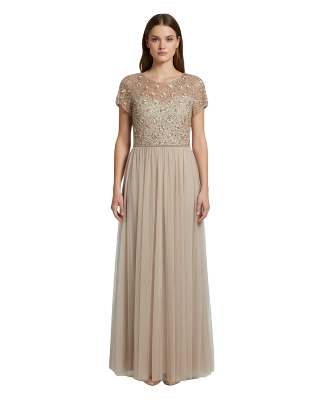 Adrianna Papell Beige Beaded Mesh Evening Gown W/Tags