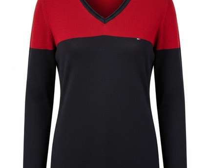 Tommy Hilfiger Red & Navy Blue Colorblock V-Neck Sweater