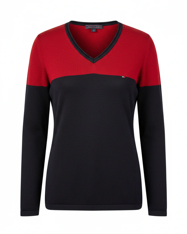 Tommy Hilfiger Red & Navy Blue Colorblock V-Neck Sweater