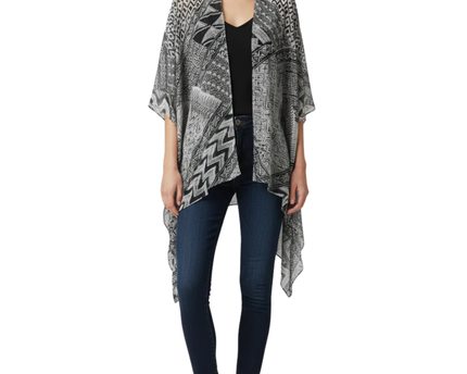 BCBGMAXAZRIA White/Black Geometric Print Sheer Kimono Shrug