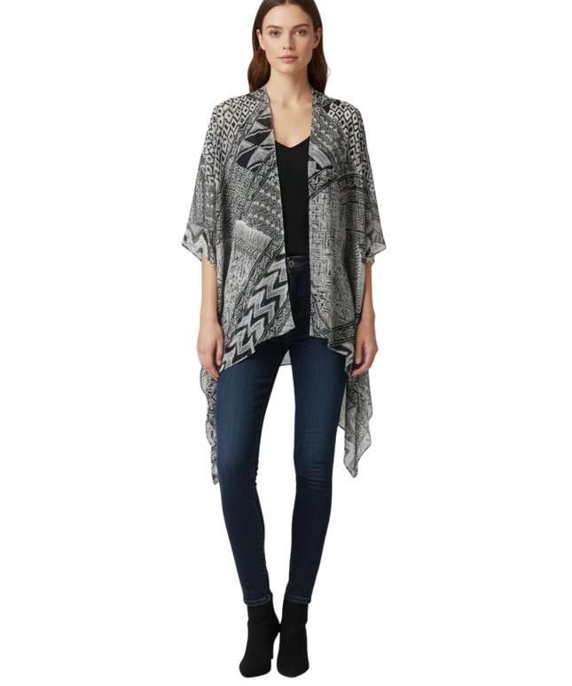 BCBGMAXAZRIA White/Black Geometric Print Sheer Kimono Shrug