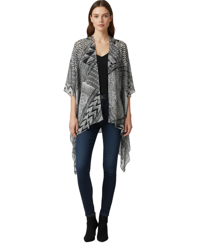 BCBGMAXAZRIA White/Black Geometric Print Sheer Kimono Shrug