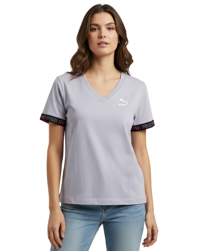 Puma Purple V-Neck Branded Sleeve Sport T-Shirt