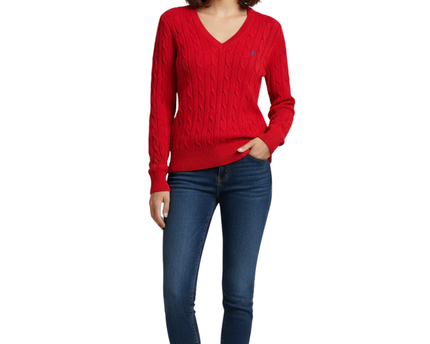 Ralph Lauren Red Cable Knit V-Neck Sweater