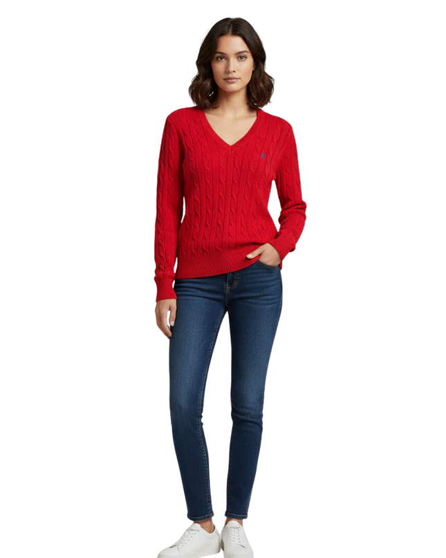 Ralph Lauren Red Cable Knit V-Neck Sweater