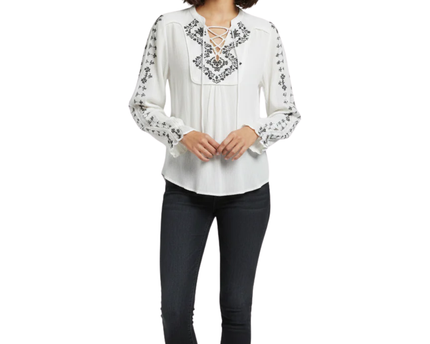 H&M White Embroidered Boho Lace-Up Blouse