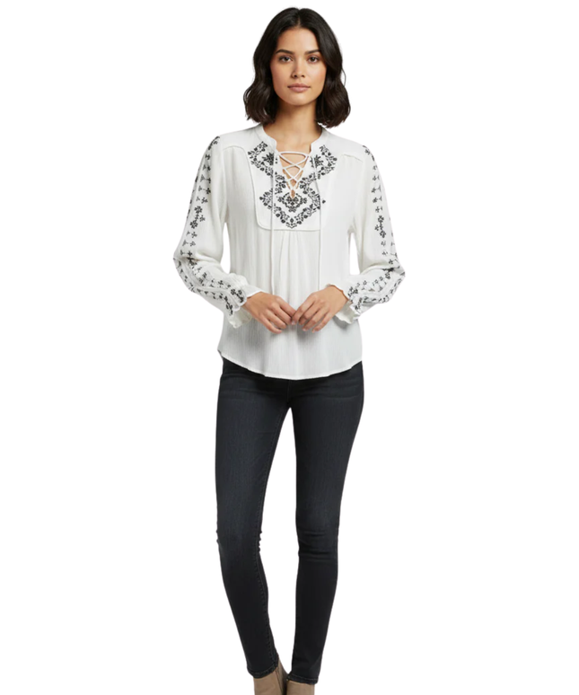 H&M White Embroidered Boho Lace-Up Blouse