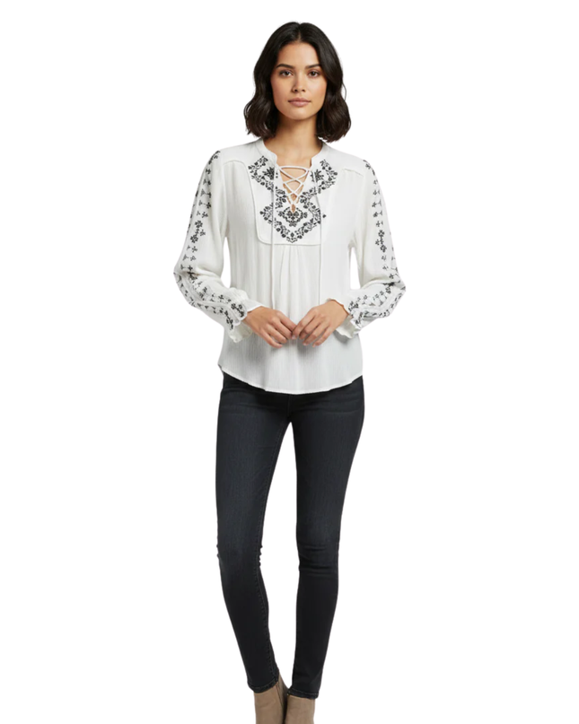H&M White Embroidered Boho Lace-Up Blouse