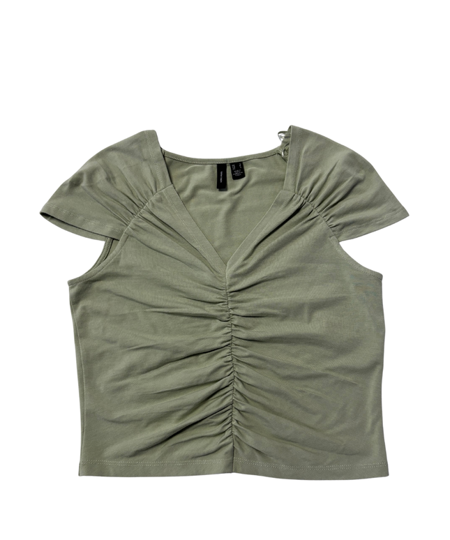 Vero Mod Sage Green Ruched V-Neck Short Sleeve Top