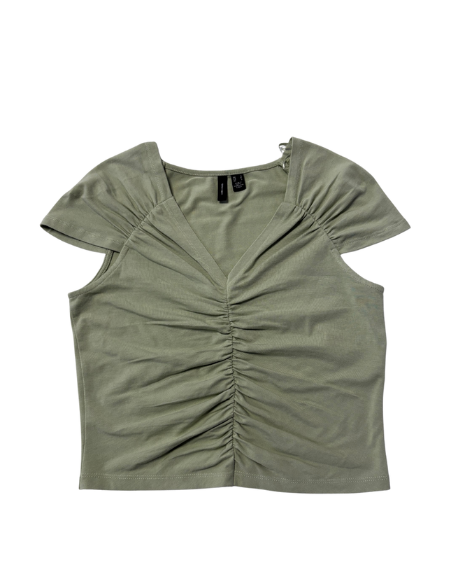 Vero Mod Sage Green Ruched V-Neck Short Sleeve Top